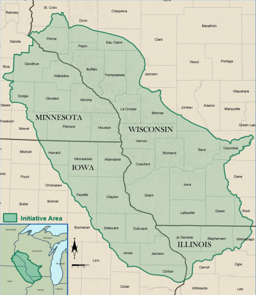 Map highlighting the initiative area covering parts of Minnesota, Iowa, Wisconsin, and Illinois.