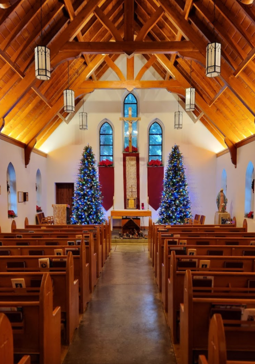 Interior of a church with wooden beams, decorated Christmas trees, and pews facing an altar. Soft lighting enhances the ambiance.