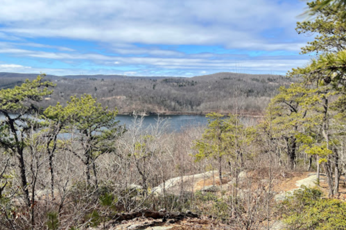 Scenic view of a lake surrounded by trees and hills under a partly cloudy sky.