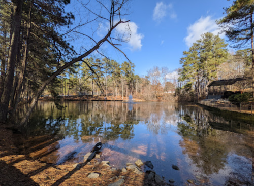 A serene lake surrounded by trees, reflecting the blue sky and clouds, with a path along the water's edge.