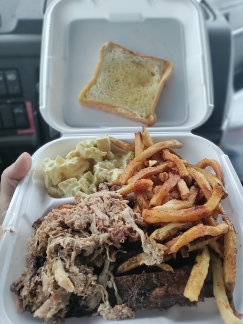A takeout container with pulled pork, fries, potato salad, and a slice of toasted bread.