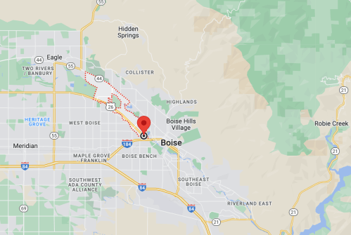 Map showing Boise, Idaho, with marked route and nearby areas including Eagle and Hidden Springs.
