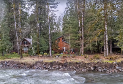 A serene riverside scene featuring wooden cabins surrounded by tall trees and flowing water.
