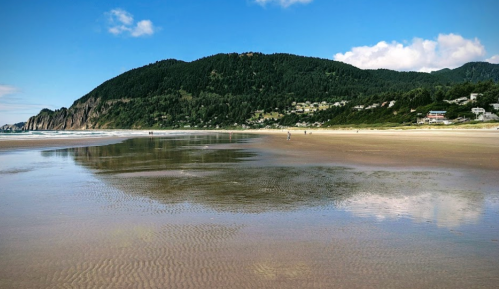 A serene beach scene with gentle waves, a sandy shore, and a lush green hillside under a clear blue sky.
