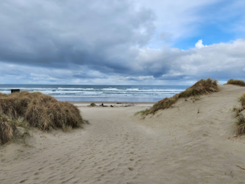 A sandy beach path leads to the ocean, framed by grassy dunes under a cloudy sky. Waves gently roll in.