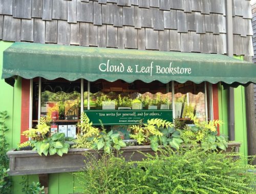 A quaint bookstore with a green awning, surrounded by plants, featuring the name "Cloud & Leaf Bookstore" and a Hemingway quote.