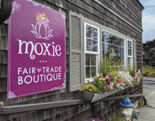 Sign for "Moxie Fair Trade Boutique" with flowers in a window box and a blue fire hydrant nearby.