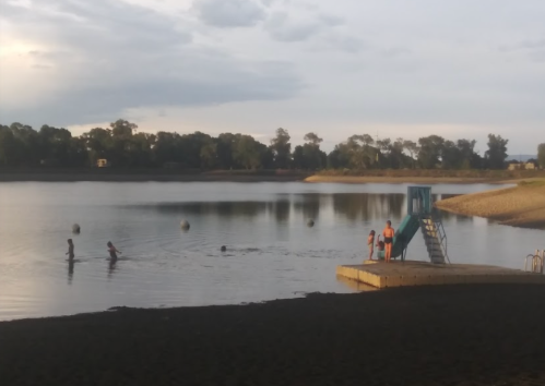 Children play in a calm lake near a diving platform, surrounded by trees and a cloudy sky.