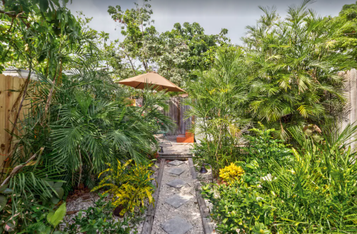 Lush garden path surrounded by tropical plants and an umbrella-covered seating area.