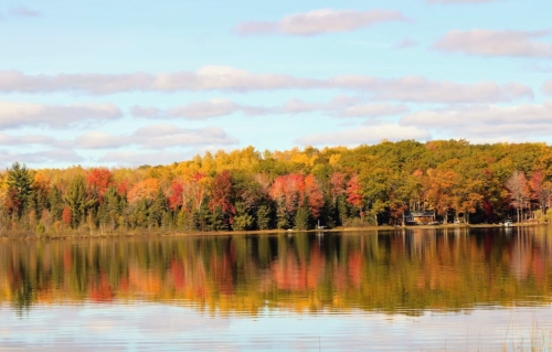 A serene lake reflecting vibrant autumn foliage and a clear blue sky with fluffy clouds.