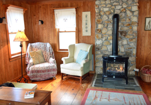 Cozy living room with stone fireplace, two armchairs, a lamp, and wooden walls, creating a warm atmosphere.