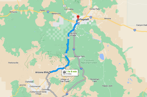 Map showing a route from Arizona 89A to Flagstaff, with a travel time of 1 hour and 8 minutes over 38.4 miles.