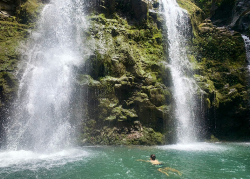 A person swims in a serene pool beneath two cascading waterfalls surrounded by lush greenery.