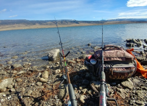 Two fishing rods rest on rocky shore near a backpack, with a calm lake and mountains in the background under a blue sky.
