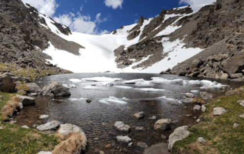 A serene mountain landscape featuring a glacial lake surrounded by rocky terrain and snow-capped peaks under a blue sky.