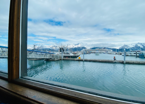 View from a window overlooking a marina with boats and snow-capped mountains under a partly cloudy sky.
