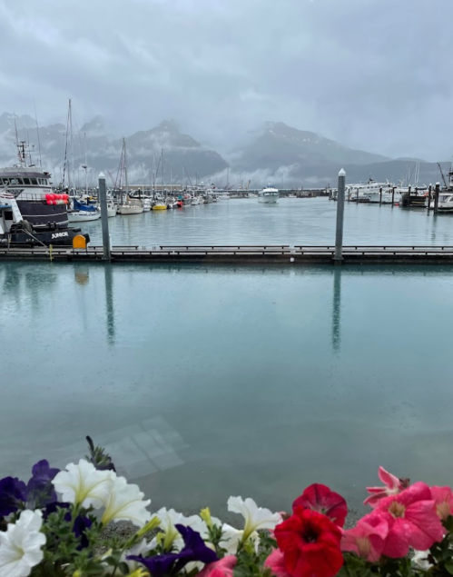 A serene harbor scene with boats, mountains in the background, and colorful flowers in the foreground under a cloudy sky.