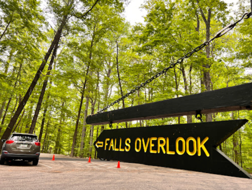 A large sign reading "Falls Overlook" points left, with a car parked nearby in a lush green forest.