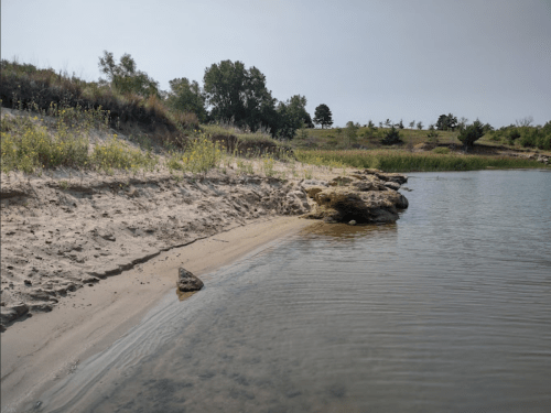 A serene riverbank with sandy shore, rocky outcrops, and lush greenery in the background under a cloudy sky.