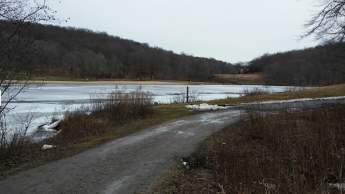 A serene landscape featuring a frozen lake surrounded by bare trees and a gravel path leading into the distance.