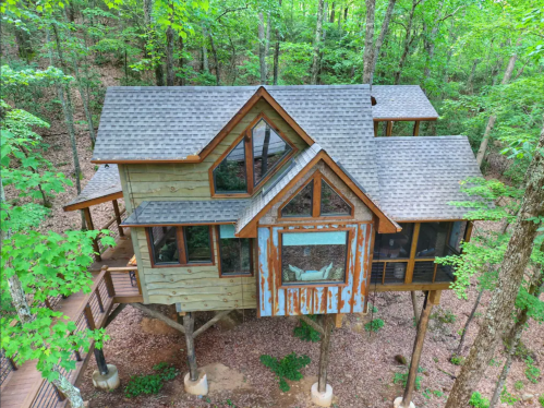 A treehouse nestled among lush green trees, featuring a rustic design and large windows.