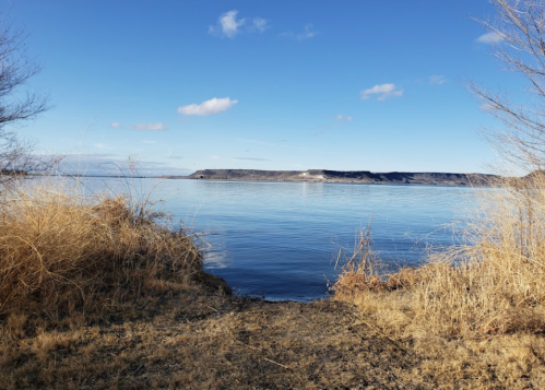 A serene lake view with calm water, surrounded by dry grass and distant hills under a clear blue sky.
