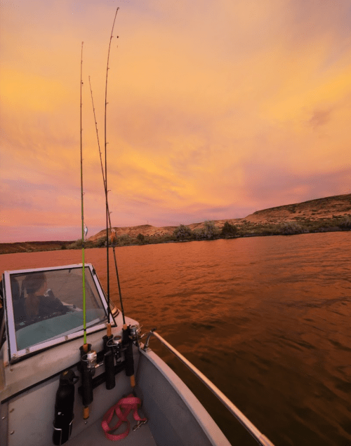 A fishing boat on calm water at sunset, with fishing rods positioned in the foreground and a colorful sky above.