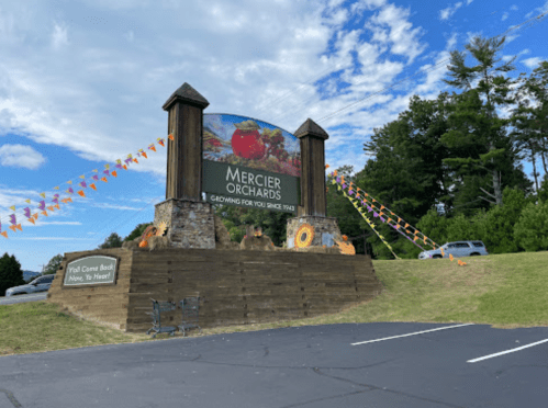 Sign for Mercier Orchards with colorful decorations, surrounded by trees and a clear blue sky. Parking area visible.