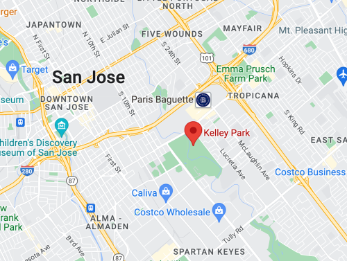 Map of San Jose highlighting Kelley Park and nearby landmarks like Costco and Emma Prusch Farm Park.