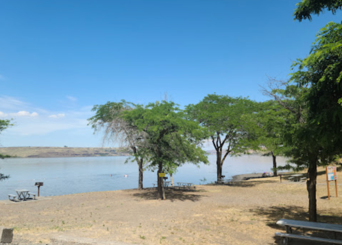 A serene lakeside scene with sandy shore, green trees, and picnic tables under a clear blue sky.