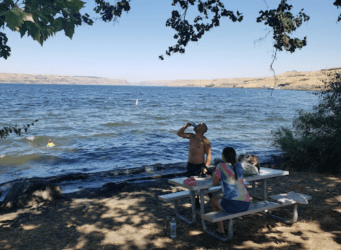 A man drinks by the water while a woman sits at a picnic table, surrounded by trees and a scenic lake view.