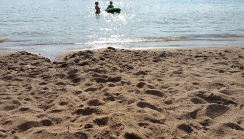 Two people wade in shallow water near a sandy beach, with sunlight sparkling on the water's surface.