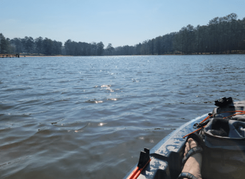 A serene lake view from a kayak, with sunlight reflecting on the water and trees lining the shore.