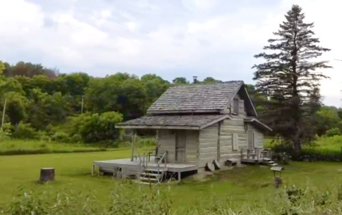 A rustic wooden cabin surrounded by greenery, with a porch and a tall tree nearby under a cloudy sky.