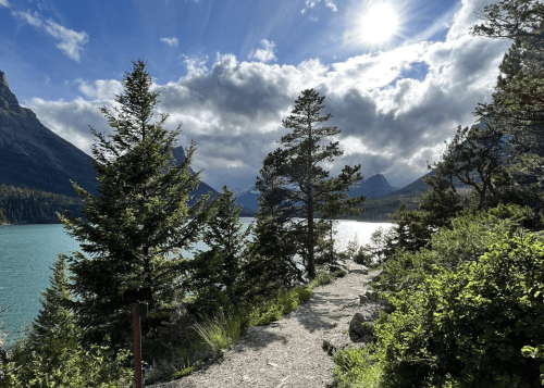 A scenic pathway lined with trees, leading to a lake under a partly cloudy sky with sunlight peeking through.