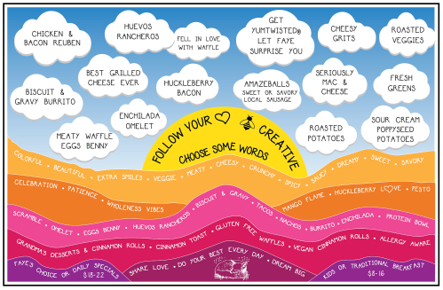 A colorful menu featuring various dishes like huevos rancheros, cheesy grits, and roasted veggies, with playful text.