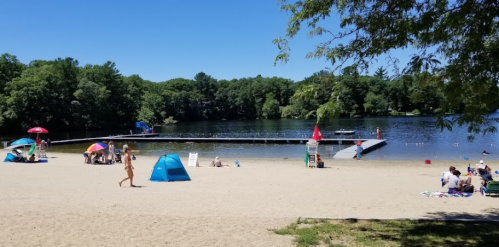 A sandy beach by a calm lake, with people relaxing, umbrellas, and a dock in the background under a clear blue sky.