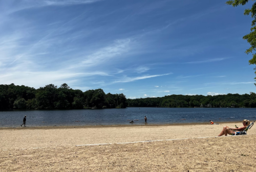 A sandy beach by a calm lake, with people walking and relaxing under a clear blue sky.