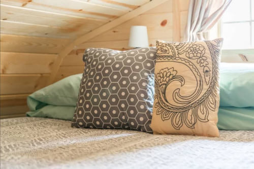 Two decorative pillows on a neatly made bed with a patterned blanket and soft green sheets in a cozy room.
