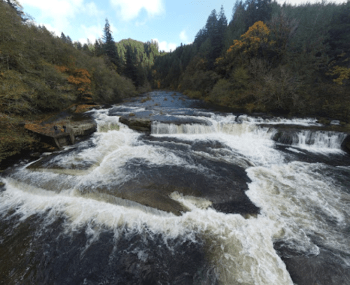 A scenic view of a river with cascading waterfalls, surrounded by lush trees and a cloudy sky.