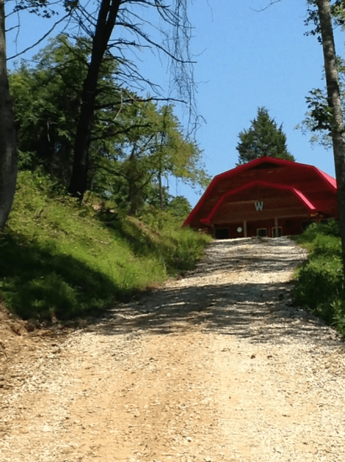 A gravel path leads up to a modern red-roofed building surrounded by trees and greenery under a clear blue sky.