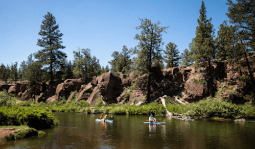Two people paddleboarding on a calm river surrounded by lush greenery and rocky cliffs under a clear blue sky.
