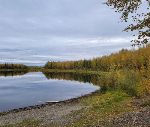 A serene lake surrounded by autumn foliage, reflecting the cloudy sky and trees along the shore.