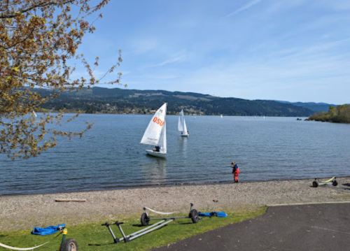 Two sailboats on a calm lake with a person on the shore, surrounded by trees and distant hills.