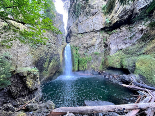 A serene waterfall cascades into a tranquil pool, surrounded by lush greenery and rocky cliffs.