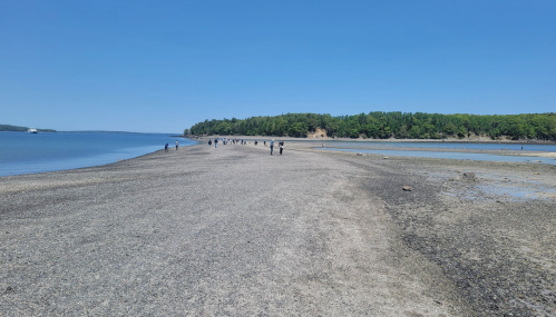 A sandy beach with people walking along a narrow strip of land, surrounded by calm water and green trees in the background.
