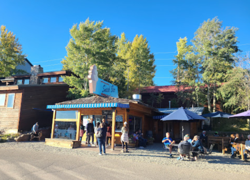 A cozy outdoor café with people sitting at tables, surrounded by trees and a clear blue sky.