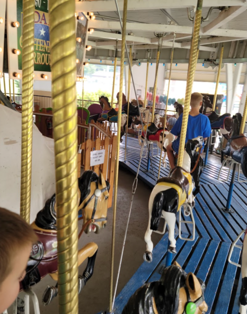 A carousel with wooden horses, children riding, and colorful lights in the background.