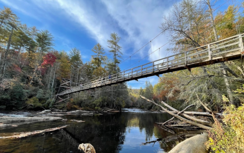 A wooden suspension bridge spans a calm river, surrounded by autumn foliage and tall trees under a blue sky.