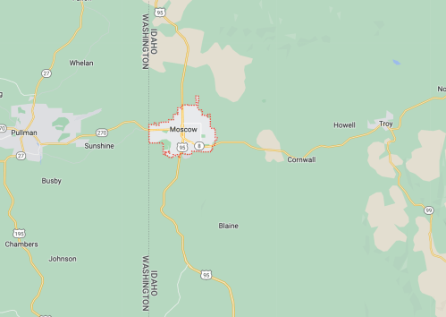 Map showing the city of Moscow, Idaho, with surrounding areas and highways marked.